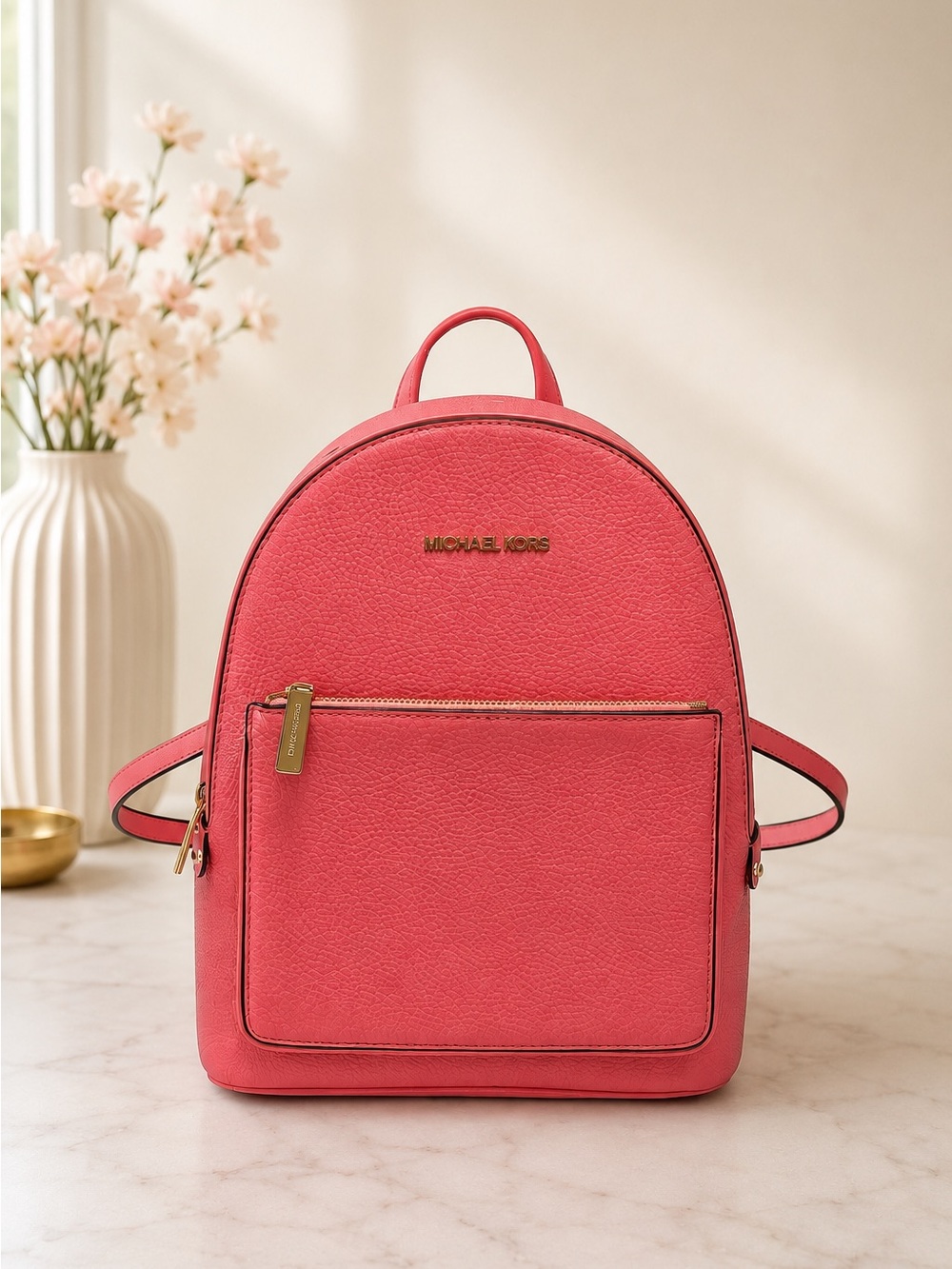 Michael Kors Jet Set Mini Backpack Pink Pebbled Saffino Leather Gold Hardware